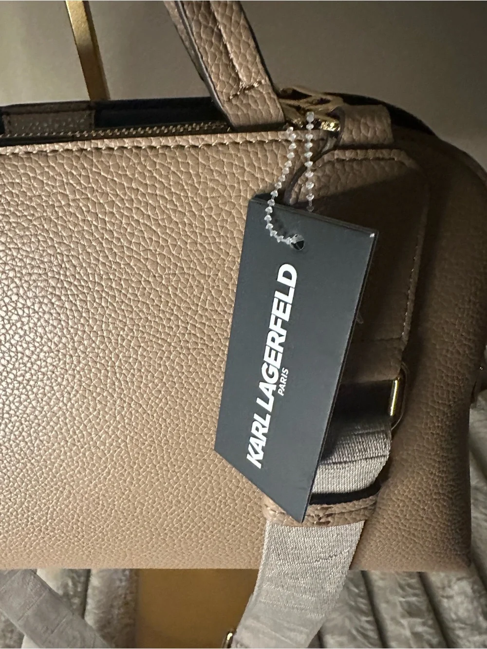 Karl Lagerfeld Taupe Pebble Leather Satchel with Graphic Accents